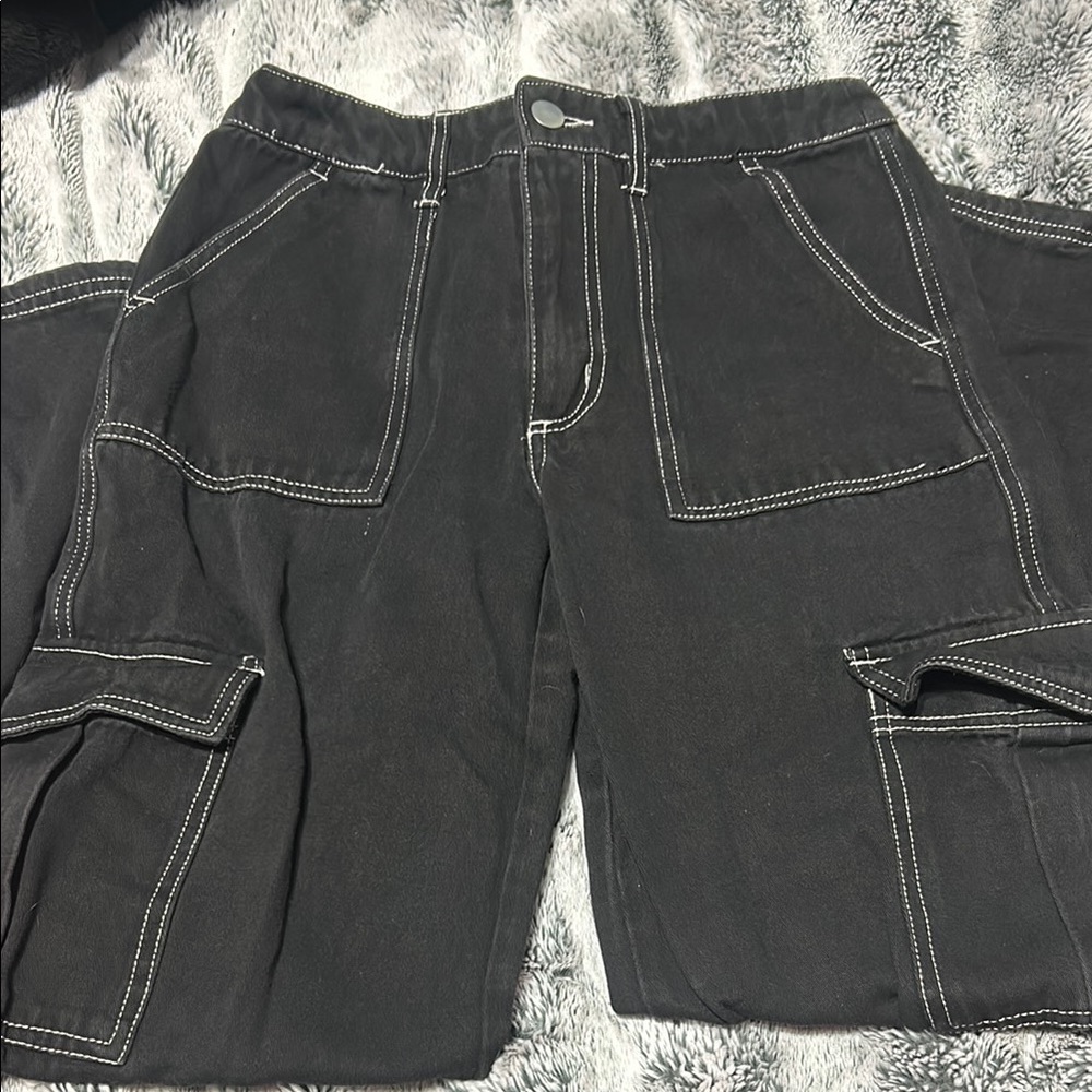 Dark Gray Cargo Pants with White Stitching